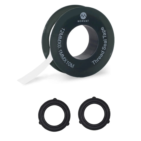 Front view: Morvat thread seal tape roll, white PTFE tape, with two black washers