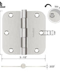 Pro Grade Interior Door Hinges 36 Pack Satin Nickel 3.5 Inch Set 5/8 Radius close-up showing dimensions and design.