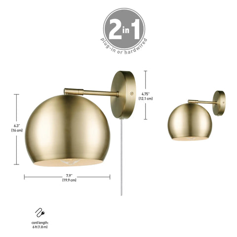 One Light Plug In Or Hardwire Wall Sconce With Vintage Glam Matte Brass Finish And White Fabric Cord Inline On Off Rocker Switch