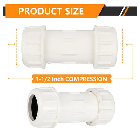 Rock Solid One And One Half Inch Compression Pvc Coupling Fittings 5 Pack Schedule 40 Pipe Connector showing product size for easy installation.