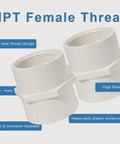 Pack of 2 White 1-1/2 Inch PVC Female Thread Adapters 2-Way Pipe Coupling Connectors Schedule 40 Slip Socket NPT