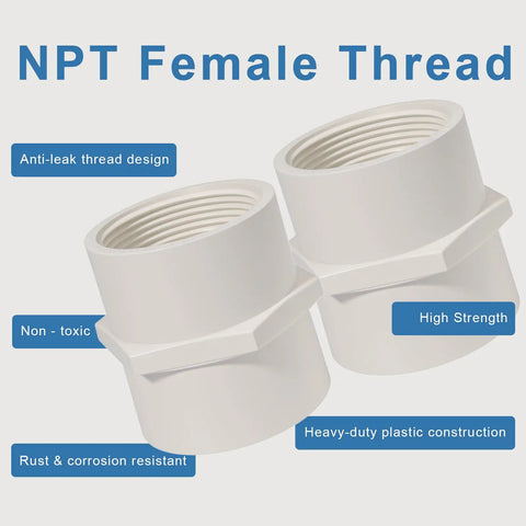 Pack of 2 White 1-1/2 Inch PVC Female Thread Adapters 2-Way Pipe Coupling Connectors Schedule 40 Slip Socket NPT