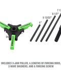 Harmonic Balancer Puller Kit with adjustable 3 jaw puller, 3/8 inch square drive forcing screw, and four forcing rods for GM Ford Chrysler engines.
