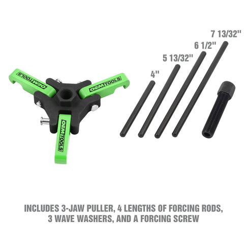 Harmonic Balancer Puller Kit with adjustable 3 jaw puller, 3/8 inch square drive forcing screw, and four forcing rods for GM Ford Chrysler engines.