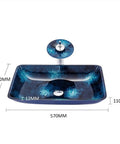 Sharp Blue Tempered Glass Vessel Bathroom Sink With Smooth Countertop Basin And Sweet Art Design For Zero Stress Cleaning And Top Shelf Everyday Durability, 570mm x 370mm x 110mm, top view.