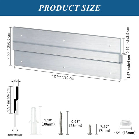 12 Pack French Cleat Wall Mount Brackets With Z Bar Supports And Silicone Dots Heavy Duty Killer Grip Picture Hanger Kit For Headboard Mirror Whiteboard No Sweat Setup 12 Inch sizing diagram with measurements in aluminum alloy.