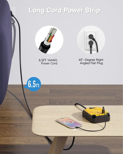 Magnetic Heavy Duty Power Strip With Eight Outlets And A 6.5 Foot Extension Cord Mountable On Metal Surfaces For Wall Or Workbench Use Wide Spaced 3 Sided Design Keeps Big Adapters Accessible, 6.5ft cord
