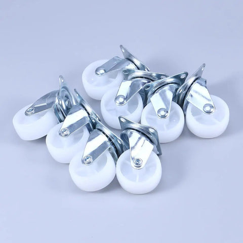8 Pcs Inch Swivel PP Caster for Furniture, Silver Universal Wheel on a gray surface, featuring smooth white wheels and metal mounts.