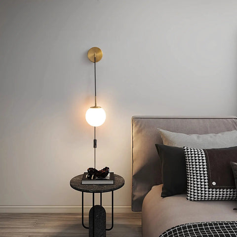 Set Of Two Brushed Gold Plug In Wall Sconces With White Glass Globe Shades Dope Modern Indoor Wall Lights With Cord For Bedrooms