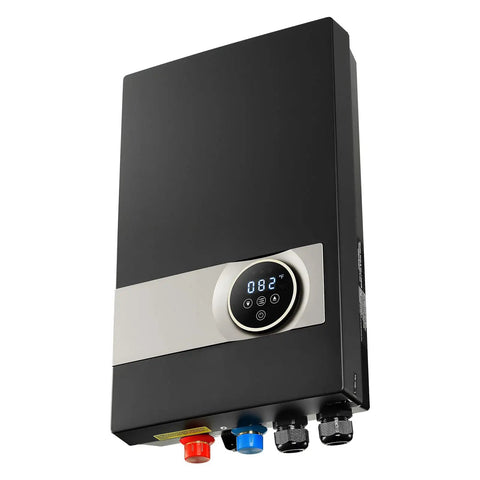 Tankless Electric Water Heater Delivers Instant Hot Water Under Sink For Bathroom Cabinet Or Kitchen Counter Featuring No Sweat Installation with digital display.