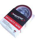 TamperSTOP red tamper-evident security tape roll, 48mm x 50m, 2mil thickness, precut with serial-numbered perforations.