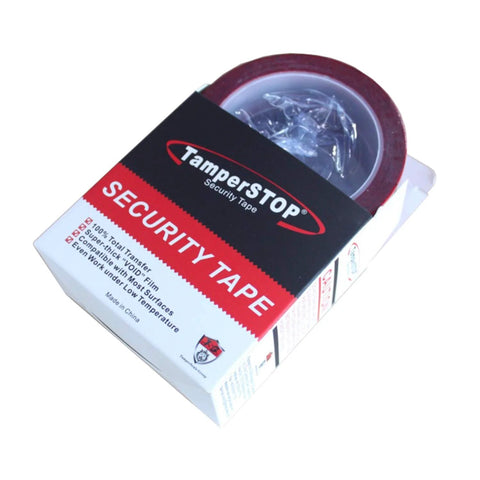TamperSTOP red tamper-evident security tape roll, 48mm x 50m, 2mil thickness, precut with serial-numbered perforations.
