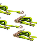 Four Pack 2 Inch Ratchet Straps With Wire Hooks For Flatbed Truck Tie Downs Safety Green Webbing 15 Foot Length Beefy Built Tough Heavy Duty 3,333 Lbs Working Load Limit
