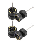 Four Pack 1/64 Scale Wheels And Tires Set with Real Riders Rims Axles Included for RC Diecast Cars 10 Spoke Gold Line Black Rims