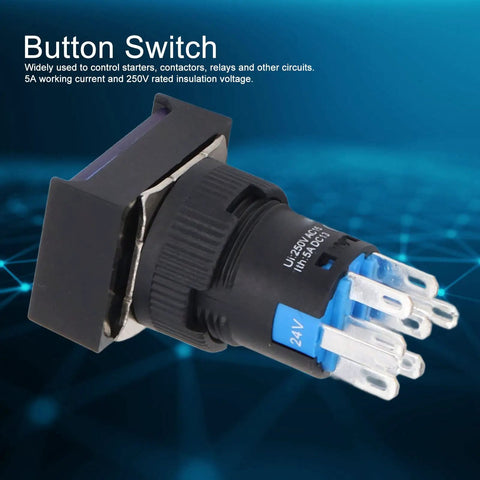 Thinking Process: black plastic button switch with blue terminals, 24V label, for relay and circuit control