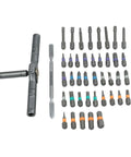 Kick Your Diy Game Up A Notch With This Pro Grade 43 Pc Ratchet Screwdriver Kit Plus 40 Assorted Bits For Torx Hex Fasteners Built Tough With Light Weight Aluminum Handle To Tackle Any Home Or Auto Repair Job In Style. 43-piece aluminum ratchet screwdriver kit with 40 bits and extension, laid out on white