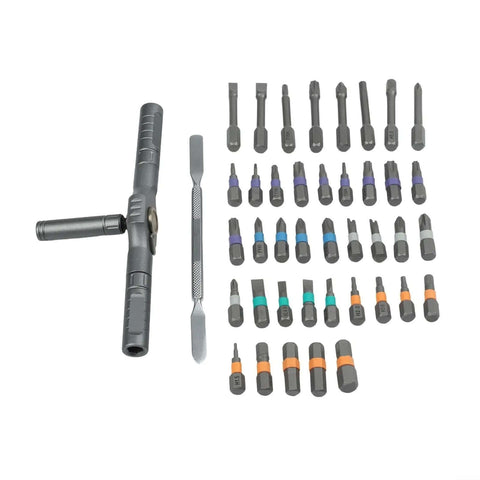 Kick Your Diy Game Up A Notch With This Pro Grade 43 Pc Ratchet Screwdriver Kit Plus 40 Assorted Bits For Torx Hex Fasteners Built Tough With Light Weight Aluminum Handle To Tackle Any Home Or Auto Repair Job In Style. 43-piece aluminum ratchet screwdriver kit with 40 bits and extension, laid out on white