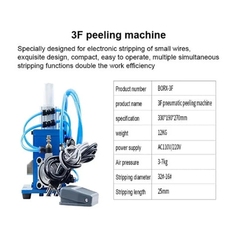 Pro 3F Pneumatic Automatic Wire Stripping Machine For Rapid Cable Peeling Cutting And Twisting with blue design and tubing.