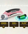 Heavy Duty Cordless Electric Scissors With Fast Usb Rechargeable Power And Self Sharpening Steel Blades For Slick Cuts Through Denim Fabric Leather Carpet And Stubborn Cardboard In Nifty Pink, showing 4V electric fabric scissor with battery.