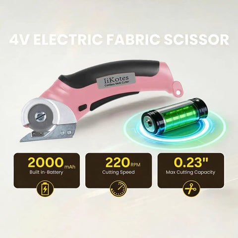 Heavy Duty Cordless Electric Scissors With Fast Usb Rechargeable Power And Self Sharpening Steel Blades For Slick Cuts Through Denim Fabric Leather Carpet And Stubborn Cardboard In Nifty Pink, showing 4V electric fabric scissor with battery.