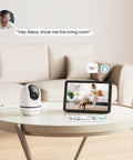 4MP Indoor Security Camera With Pan Tilt, Baby Monitor And Pet Cam on table, Alexa voice command for living room view