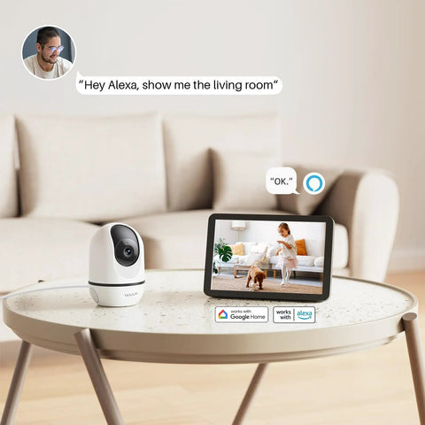4MP Indoor Security Camera With Pan Tilt, Baby Monitor And Pet Cam on table, Alexa voice command for living room view