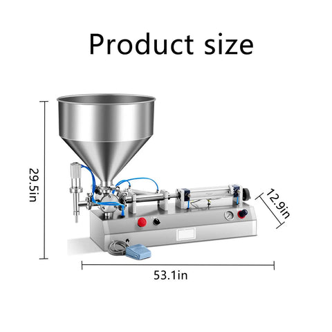 Top Notch Dead Simple Semi Automatic Paste Filling Machine With 30 Liter Hopper, Stainless Steel Piston Pneumatic Liquid Dispenser, dimensions shown.