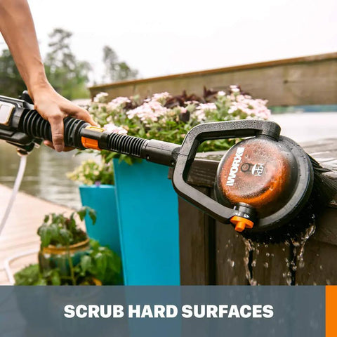 Deluxe Accessory Kit For Hydroshot Power Washers With Rotary Brush Squeegee Soap Dispenser in use for scrubbing wooden deck