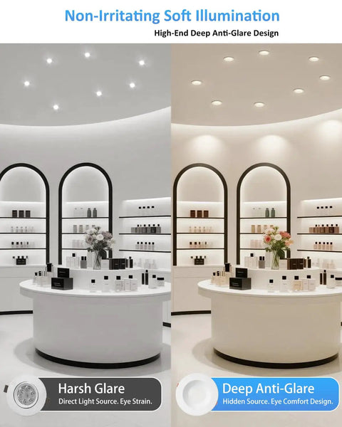 ZYC Oil-Rubbed Bronze 4 Retrofit LED Recessed Lighting, 4 Inch 8 Pack 5CCT Anti-Glare LED Downlight shown in well-lit modern space.