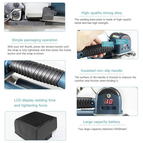 Heavy Duty Electric Strapping Machine With Hot Melt Welding And Adjustable Tension For Half To Three Quarter Inch Pp Pet Straps with LCD display and ergonomic non-slip handle.