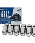 Front Wheel Bearing Hubs Kit For Dodge Durango 2011 2012 2013 2014 2015 2016 2017 2018 2019 2020 And Jeep Grand Cherokee 2011 2012 2013 2014 2015 2016 2017 2018 2019 2020 2021 Includes Two Front Wheel Bearing Hubs Assemblies And Twelve Chrome Lug Nuts displayed with packaging showing wheel image, premium wheel lug nuts highlighting precision fit by Detroit Axle.