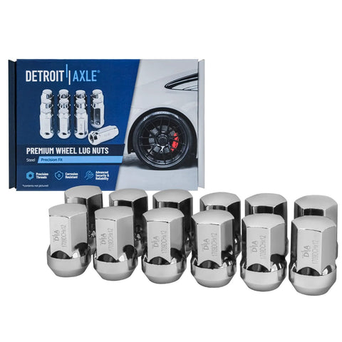 Front Wheel Bearing Hubs Kit For Dodge Durango 2011 2012 2013 2014 2015 2016 2017 2018 2019 2020 And Jeep Grand Cherokee 2011 2012 2013 2014 2015 2016 2017 2018 2019 2020 2021 Includes Two Front Wheel Bearing Hubs Assemblies And Twelve Chrome Lug Nuts displayed with packaging showing wheel image, premium wheel lug nuts highlighting precision fit by Detroit Axle.