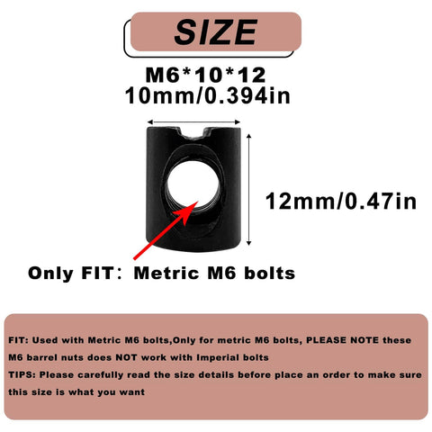 10 Pcs M6 Barrel Nuts 10x12mm For M6-1 Bolts Cross Dowels Slotted Nuts Hardware Replacement Kit Black Steel Built To Last Fasteners For Cribs And Flat Furniture Wood Joints size details
