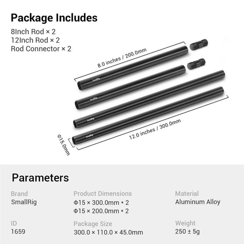 Kickass Aluminum 15mm Camera Rod Kit With Tight Fitting M12 Thread Connectors Built Badass For DSLR Video Rigs showing rods and connectors.