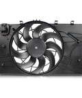Keep Your Ride Smooth As Butter With This High Performance Dual Electric Radiator And Condenser Fan Assembly Easy Drop In Upgrade For Chevy Cruze And Buick Verano 2012 To 2017, front view of dual electric fan with 9 blades.