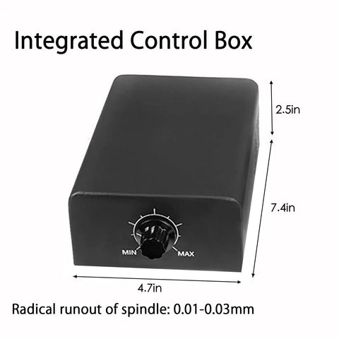 Integrated control box for Dope 500W CNC Spindle Motor Kit with adjustable speed, showing dimensions 4.7x7.4x2.5 inches