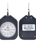 Dual Needle Dial Tension Meter For Mechanical Assembly And Vehicle Repair, front and back view, black body, analog dial with transparent cover
