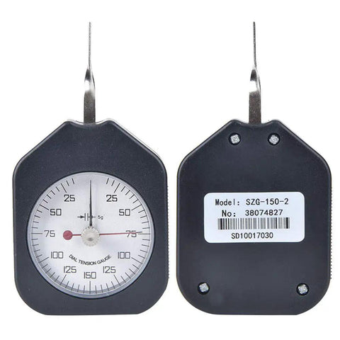 Dual Needle Dial Tension Meter For Mechanical Assembly And Vehicle Repair, front and back view, black body, analog dial with transparent cover