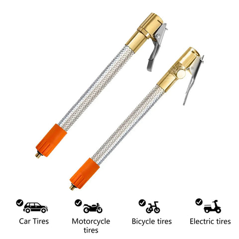 Heavy Duty Tire Inflator Hose Extension Tube With Quick Release Chuck Adapter For Car Bike Motorcycle Pump To Fill Tires Without Air Loss Have Good Pressure Daily Plug Into Compressor Unit Totally Sweet Gear braided stainless steel hose with brass chuck, shown for car, motorcycle, bicycle, electric tires