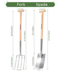 Heavy Duty Garden Pitchfork And Spade Set with 4 Tine Stainless Steel Fork and 47 Inch Beech Grip Handles, dimensions shown