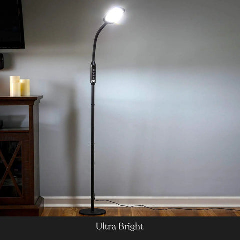 2 In 1 LED Floor And Desk Lamp With Adjustable Height And Gooseneck in living room, standing upright, bright illumination