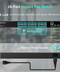 Front view of a 24 Port Gigabit PoE Switch With 400W Budget, Two Uplink Gigabit Ports And Two 1G SFP Slots with power supply.