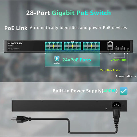 Front view of a 24 Port Gigabit PoE Switch With 400W Budget, Two Uplink Gigabit Ports And Two 1G SFP Slots with power supply.