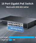 18 Port Gigabit PoE Switch With 16 PoE Ports And 2 Uplink Gigabit Ports Built In 250W Power Supply featuring metal casing.
