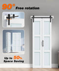 Bi-Fold White MDF Barn Door With PVC Surface 28 By 84 Inches Overall Double 14 By 84 Inches Panels Includes Hardware Kit And Handle Complete Door No Assembly Required Space Saving Sliding Door For Modern Interiors shown installed in home