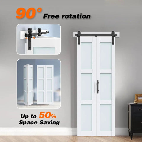 36x84 Bi Fold Barn Door Set With Glass Look, Double Sliding Door, shown installed on wall with hardware and handle