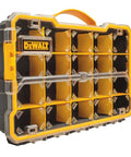20 Compartment Pro Organizer With Removable Dividers, Heavy Duty Polycarbonate Lid, Stackable Side Latches, And Easy Carry Handle For Tools, Hardware, Small Parts, And DIY Gear DWST14830