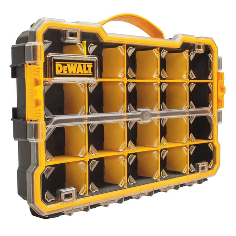 20 Compartment Pro Organizer With Removable Dividers, Heavy Duty Polycarbonate Lid, Stackable Side Latches, And Easy Carry Handle For Tools, Hardware, Small Parts, And DIY Gear DWST14830