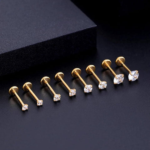 Threadless Flat Back Earrings Set For Tragus Cartilage Nose Lip Medusa Piercings, 18G 316L Surgical Steel Hypoallergenic Gold Tone Labret Posts With 2 To 2.5 To 3 To 4mm CZ Ends, 4 Pairs, 8 Pieces