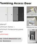 Rock Solid Fire Rated Access Panel Recessed Wall Inspection Door Heavy Duty Aluminum Honeycomb Lockable Drywall Service Hatch in various colors.